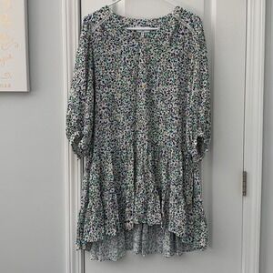 fresha Women Floral V-Neck‎ Tiered Ruffle Shift Dress Blue Green White XS